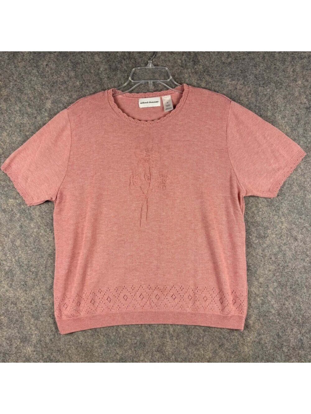 Vintage Short Sleeve Knit Top Subtle Floral Embroidery Size XL Rose Pink 299